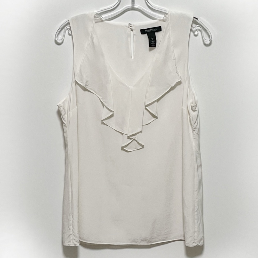 White House Black Market Versatile Cream ruffled V-Neck silk Sleeveless Blouse